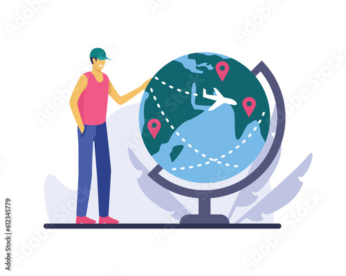 Contented vacationist looking for holiday destinations on smart map. Cheerful tourist rotating huge globe with highlighted landmarks and flying plane. Flat vector illustration