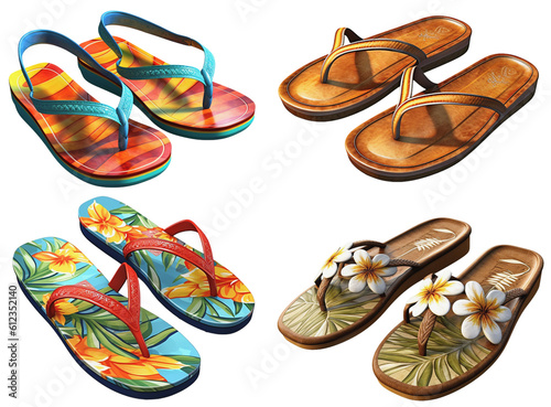 collection of flip flops with a summer pattern, on a transparent background, Generative AI