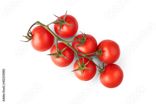 A bunch of ripe juicy red tomatoes on the vine isolated against a transparent background