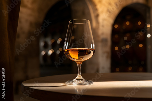 Aged golden fortified wine in the wine glass on background of wooden barrels in cellar of winery. AI generated.