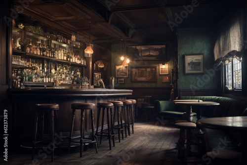 Tables of a pub style old bar, before operating hours. Traditional or British style bar or pub interior. with wooden paneling. Retro vintage atmosphere