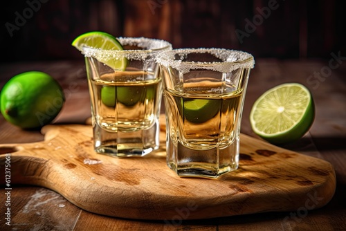 Mexican Tequila Shots with Lime and Salt for Happy Hour: A Refreshing Drink to Enjoy at the Bar: Generative AI