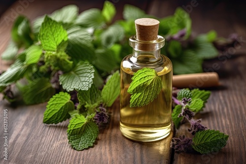 Patchouli Essential Oil on Fresh Leaves and Wooden Board for Aromatherapy, Massage, Spa with Glass Bottle and Plank Background: Generative AI