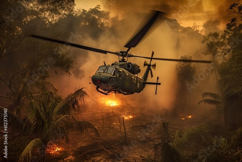 Vietnam War Helicopter in Jungle Forest - Fire and Smoke Surround Military Chopper Amid War Conflict - Generative AI Captures Epic Image: Generative AI