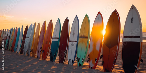 Many surfboards aligned on the beach with sunset in background created using generative AI