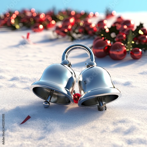 Mistle Toe and Jingle Bells. 3D Illustration of Festive Mistletoe and Jingle Bells for Winter and Christmas Holiday Celebrations: Generative AI