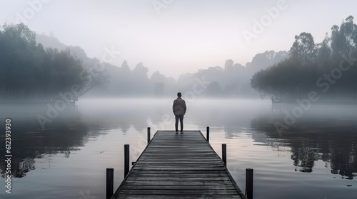 Pensive Man Standing Alone on Wooden Footbridge, Staring at Lake. Inspiring View of Misty Morning, Peaceful Atmosphere in Nature: Generative AI