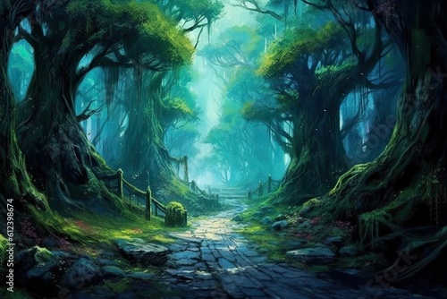 Anime Heaven: A Superb 90s Illustration of a Beautiful Summer Forest Road, Generative AI
