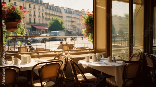 Charming parisian sidewalk cafe,outdoor tables, Paris, France. Generative AI