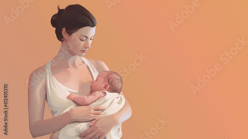 A gentle pastel illustration depicting a mother breastfeeding her baby. Generative AI.