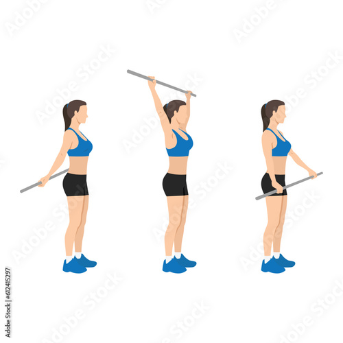 Woman doing shoulder pole or broomstick stretch exercise. Flat vector illustration isolated on white background