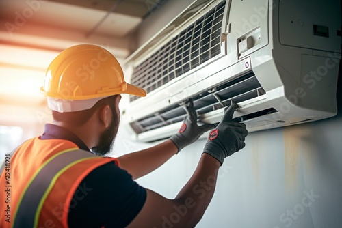 Technician checking and changing the filters of a domestic air conditioning split. AI generated.