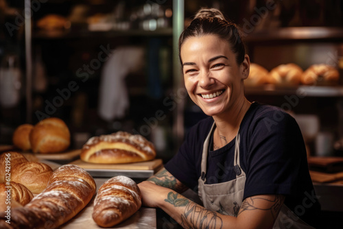 Happy small bakery shop owner, smiling proudly at her store. Cheerful female baker working at her shop