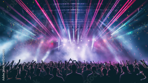 Live festival concert illustration with lights, lasers, smoke and a dancing crowd