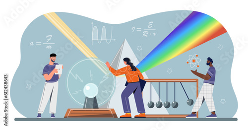 People study physics concept. Men and women look at shapes on board, refraction of light, and structure of volume or molecule. Scientific experiments, education. Cartoon flat vector illustration