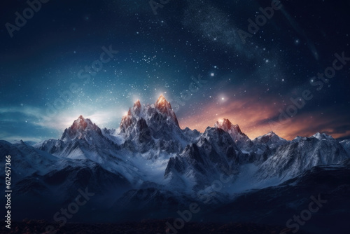 Under the soft glow of the moon, a majestic snow-covered mountain range shimmers, casting an ethereal aura that captivates the night. Generative AI 