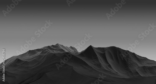 Black mountain relief on a dark background. Mountain darkness. Mountain in the dark. 3D render.