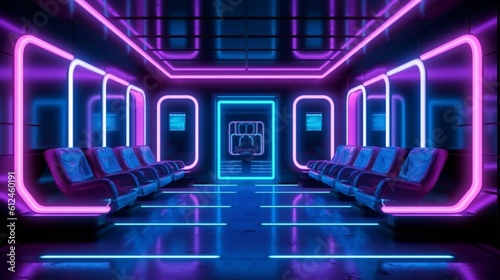 Modern Futuristic Neon Room Inside a Spaceship Heading to Mars, Future Humanity in 2077 , Tron Style, Purple and blue accents, LEDS - Generative AI