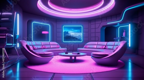 Modern Futuristic Neon Room Inside a Spaceship Heading to Mars, Future Humanity in 2077 , Tron Style, Purple and blue accents, LEDS - Generative AI