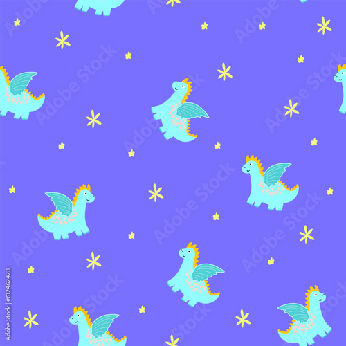 Blue dragon kids seamless pattern.Hand drawn illustration with blue dinosaur with wings for kids textile,clothes,accessories,pyjama. Doodle vector cartoon character print design apparel