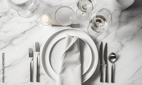  a table set with a white plate, silverware, and silverware on a marble table top with a white napkin and silverware. generative ai