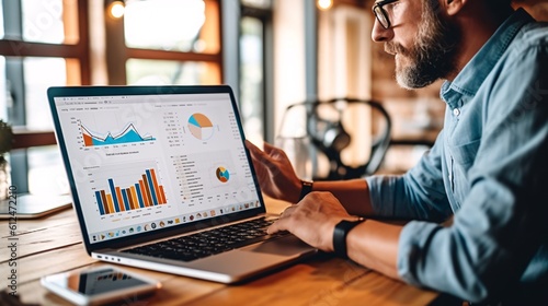 Data analysis to increase sales and revenue. Man sitting with laptop and working with growing graph. Business data analytics concept. Generative ai..