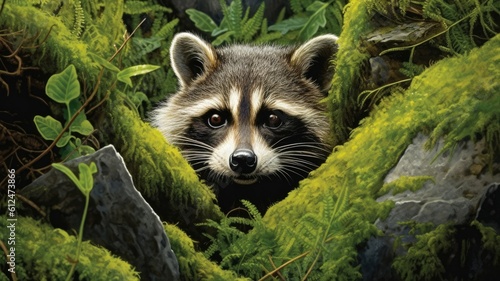 Curious raccoon peeks out from behind moss-covered rocks, searching for hidden treasures. Generative AI