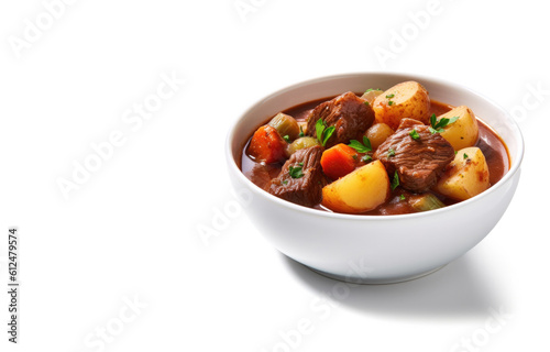 A Bowl of beef stew Isolated on a White background 