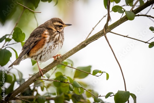 Closeup of a small redwing (Turdus iliacus) resting on the tree branch on the blurred background