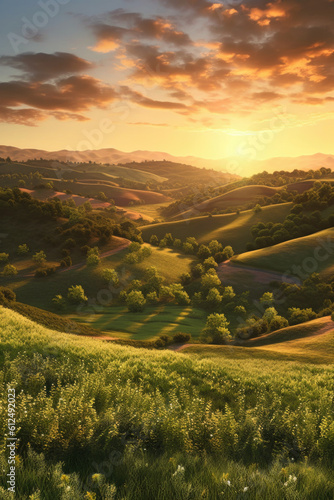 A breathtaking landscape capturing the essence of a vibrant sunrise over rolling hills. Generative AI 
