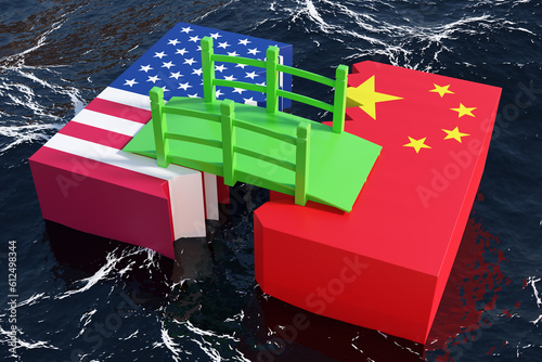 Green bridge connecting blocks of the USA and China in the ocean. Illustration of the concept of the International relationship and cooperation between American and Chinese governments