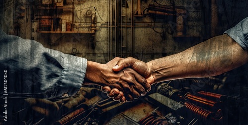 handshake of men in the construction industry, engineers shaking hands, completing a successful business partnership deal, rendered with Generative AI