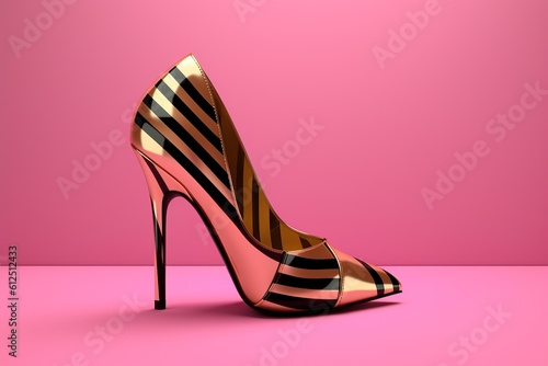 gold and black heels on pink background