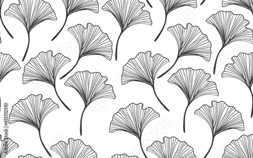 Seamless floral pattern with ginkgo biloba leaves. Art flowers on color background. Decorative sceleton leaf. Vector hand drawn illustration. Minimal linear style