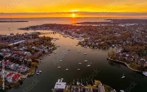 Aerial shot of Annapolis harbor and Chesapeake Bay at sunset.