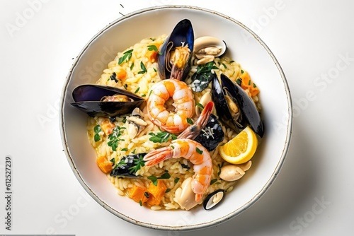 Contemporary-style seafood risotto on a white backdrop. Italian risotto in the frutti di mare style with prawns, mussels, and squid. eating shrimp and rice in the summer. Summertime Generative AI