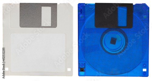 Two different floppy disks for storing computer data on an isolated background.