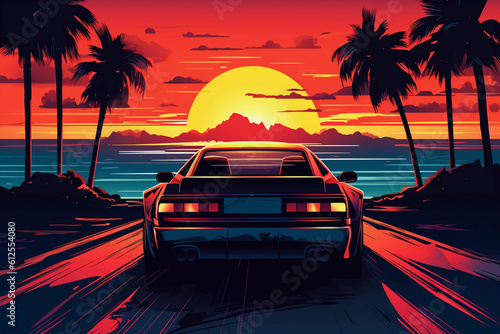 Rear view of retro wave 80s image of sports car in front of a sunset