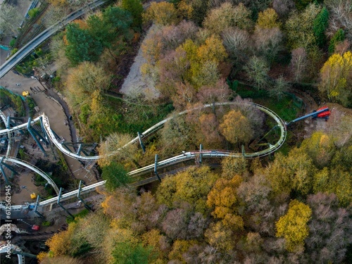 Drone view of the Nemesis inverted roller coaster being removed from the Alton Towers theme park