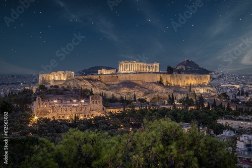 Beautiful view of the Acropolis of Athens at night.