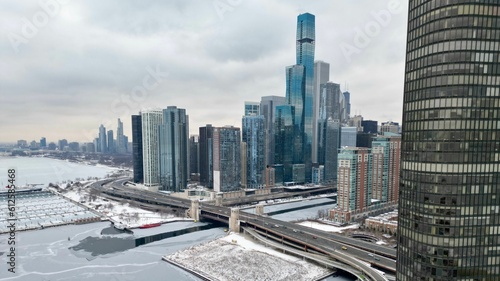 Beautiful view of the Chicago skyline and winter coast under the cloudy sky
