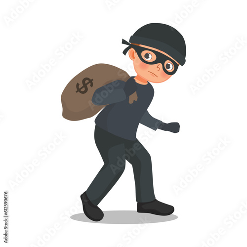 A thief carrying sack of stolen money walking carefully