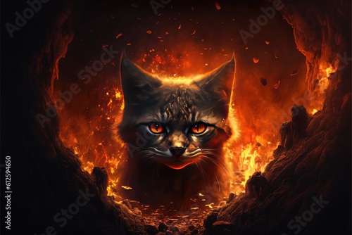 Cat head portrait on surrounding hell with fire background