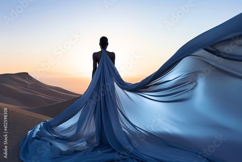 epic view of a woman in a flying luxurious blue dress stands with her back in the sand desert