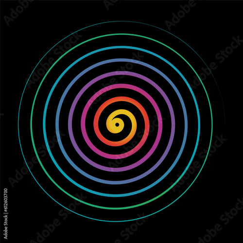 Linear Spiral in Illustrator. Archimedean spiral of gradients color. Radial swirl, twirl curvy, wavy lines element.