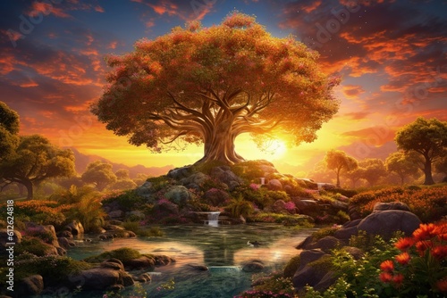 Garden of Eden with Tree of Life, garden at sunset, Generative AI 