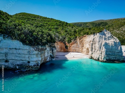 (4K) Drone shot of a little cove next to Fteri Beach, Kefalonia, Cephalonia, Greece