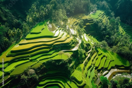 Aerial view of Tegallalang Bali rice terraces. Abstract geometric shapes of agricultural parcels in green color. Drone photo directly above field. Generative AI