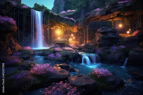 Glowing fireflies illuminating a hidden fairytale garden at dusk, with a majestic waterfall cascading down a vibrant flower covered cliff. Generative AI