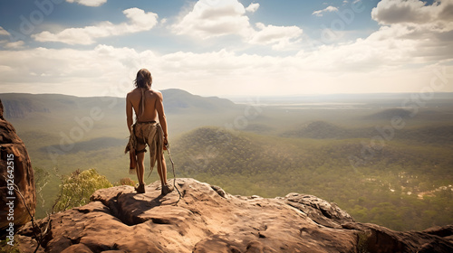 Australian Aboriginal on a mountain, overlooking expansive bushland. An image underscoring the vital bond between indigenous people and nature.